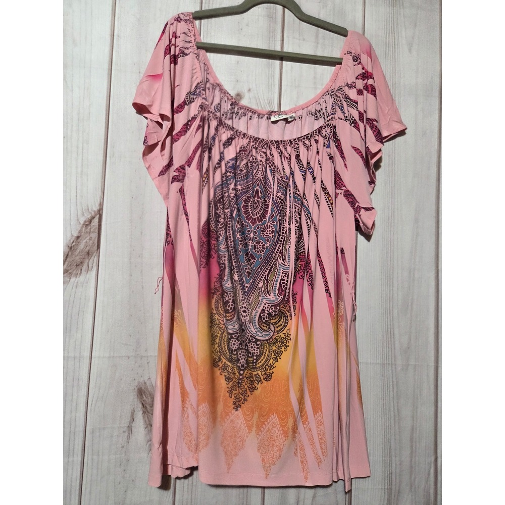 Cato Woman‎ Pink Paisley Medallion Off Shoulder Flutter Sleeve Top 26/28W Plus
